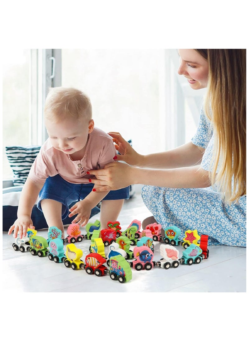 27-Piece Wooden Railway Set – Magnetic Sea Animals Car for Toddlers, Boys & Girls, Compatible with Large Brand Railway Sets, Educational Toy for Color & Animal Recognition, Ideal Gift for Ages 3+