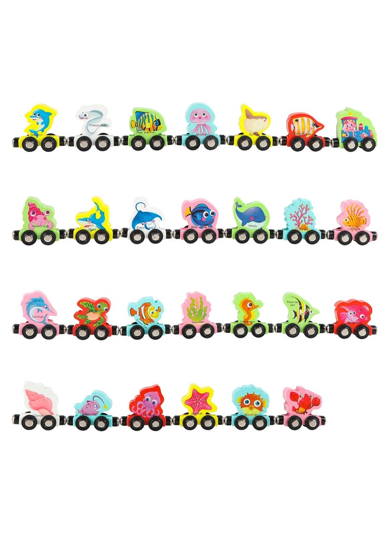 27-Piece Wooden Railway Set – Magnetic Sea Animals Car for Toddlers, Boys & Girls, Compatible with Large Brand Railway Sets, Educational Toy for Color & Animal Recognition, Ideal Gift for Ages 3+