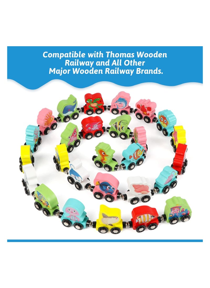 27-Piece Wooden Railway Set – Magnetic Sea Animals Car for Toddlers, Boys & Girls, Compatible with Large Brand Railway Sets, Educational Toy for Color & Animal Recognition, Ideal Gift for Ages 3+