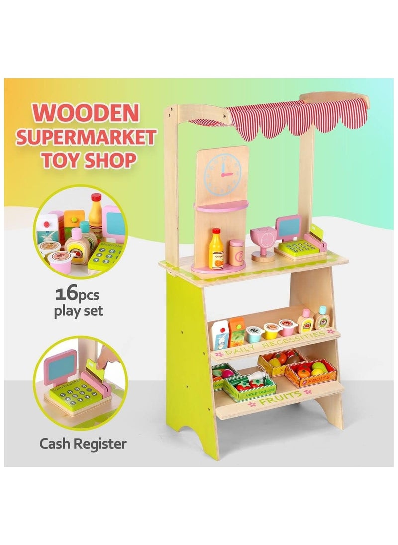 Kids Wooden Market Stall Pretend Play Toy with Awning - Marketplace Stand for Boys & Girls, Durable Wooden Shop Stand with Chalkboard, Shelves, and Accessories for Role Play Fun Ages 3-6