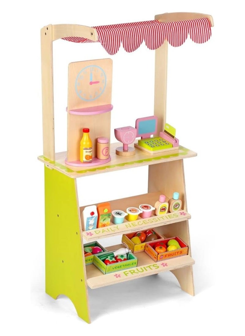 Kids Wooden Market Stall Pretend Play Toy with Awning - Marketplace Stand for Boys & Girls, Durable Wooden Shop Stand with Chalkboard, Shelves, and Accessories for Role Play Fun Ages 3-6