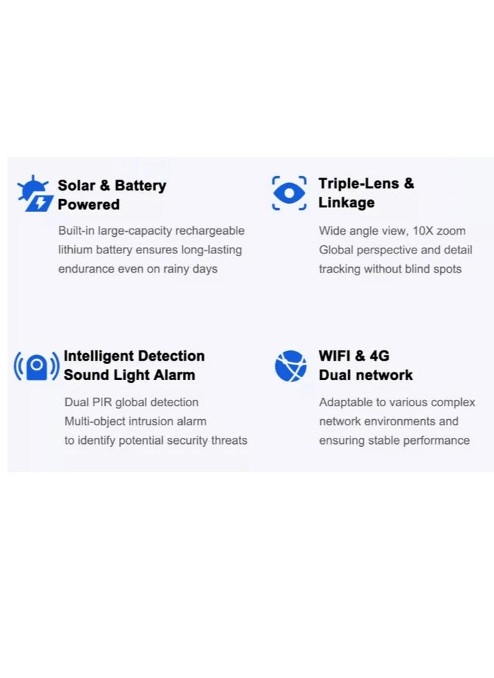 Y7A Solar Triple-Lens Linkage Camera 10X Zoom Wi-Fi & 4G