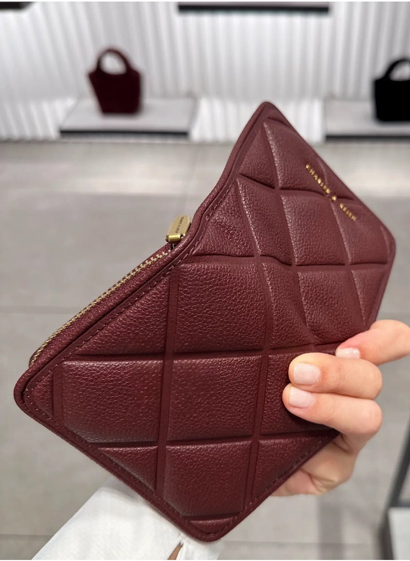 CHARLES & KEITH Anwen Quilted Zip-Around Wallet - Burgundy