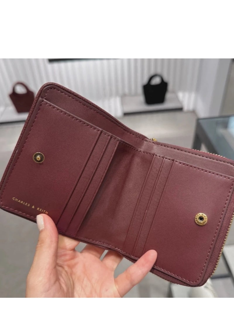 CHARLES & KEITH Anwen Quilted Zip-Around Wallet - Burgundy