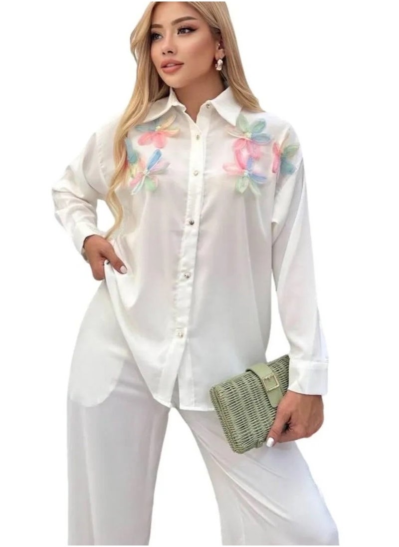 crepe fabric three-dimensional flower detail sports shirt