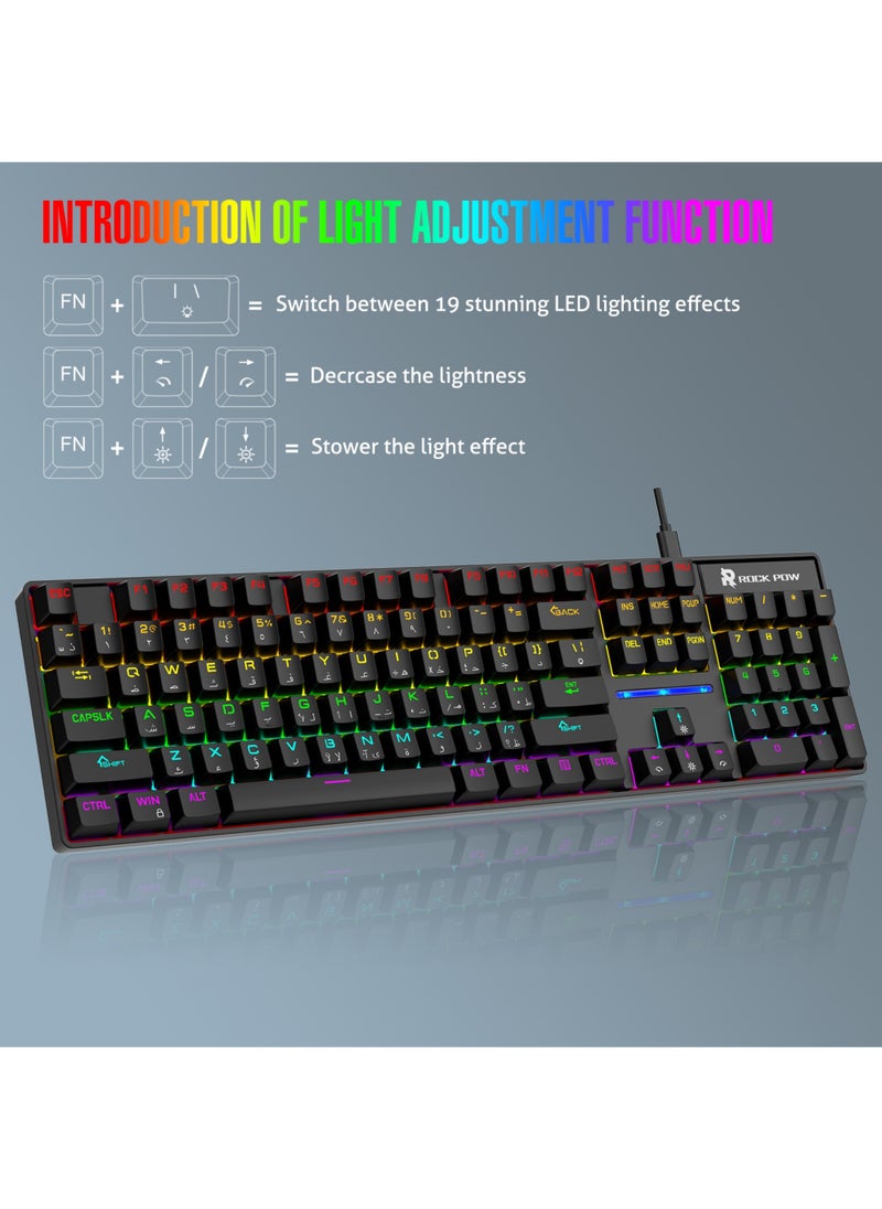 Gaming Keyboard Arabic English 104 Keys Mechanical Keyboard with RGB Backlit 19 Modes Hot Swap Wired Mini Keyboard PBT Keycaps for PC Gaming and Working (Blue Switch)