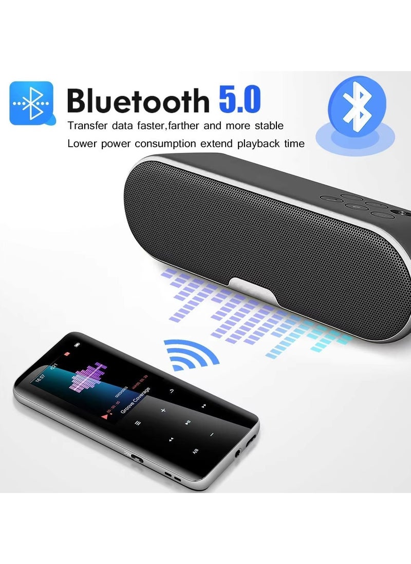 32GB MP3 Player with Bluetooth 5.0 - Portable Digital Lossless Music MP3 MP4 Player for Kids with FM Radio HD Speaker for Sports Running, 2.5D Double-Side Acrylic Glass Alloy Frame