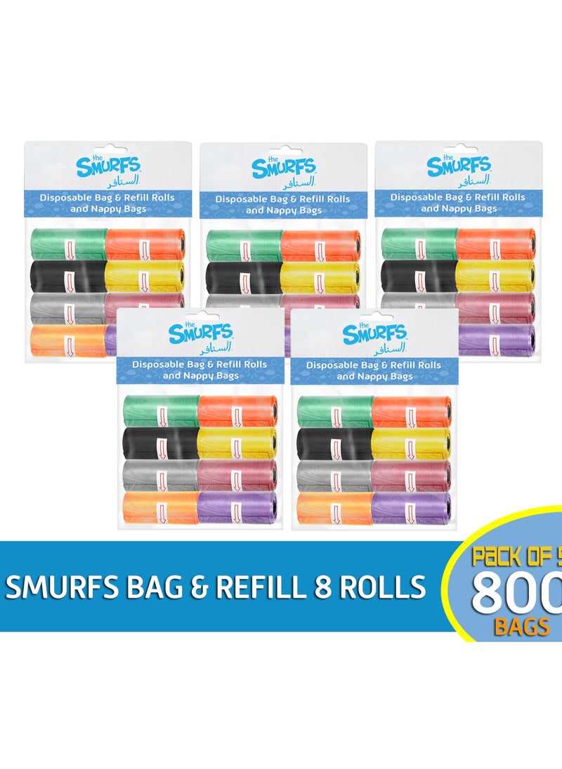 Smurfs Bag and Refill 8 Rolls Pack of 5-800 Bags, Baby Nappy bag, Pet waste bag, Scented Diaper bag, Trash bag, Garbage bag, Colorful Plastic bag, sacks