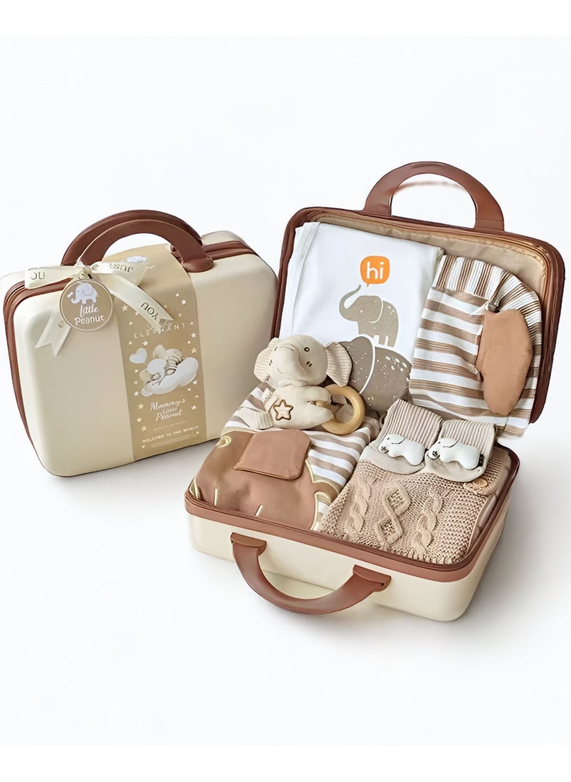 Newborn Baby Elephant-Themed Baby Gift Set for Boys and Girls 0 to 3 Months with 3 Rompers, Shoes, Chewing Toy and Storage Suitcase for Boys and Girls