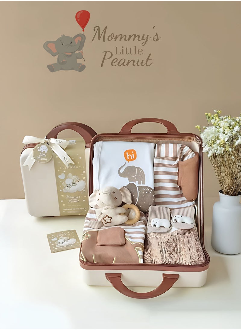 Newborn Baby Elephant-Themed Baby Gift Set for Boys and Girls 0 to 3 Months with 3 Rompers, Shoes, Chewing Toy and Storage Suitcase for Boys and Girls