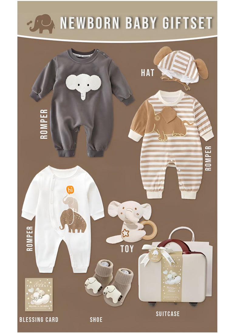 Newborn Baby Elephant-Themed Baby Gift Set for Boys and Girls 0 to 3 Months with 3 Rompers, Shoes, Chewing Toy and Storage Suitcase for Boys and Girls