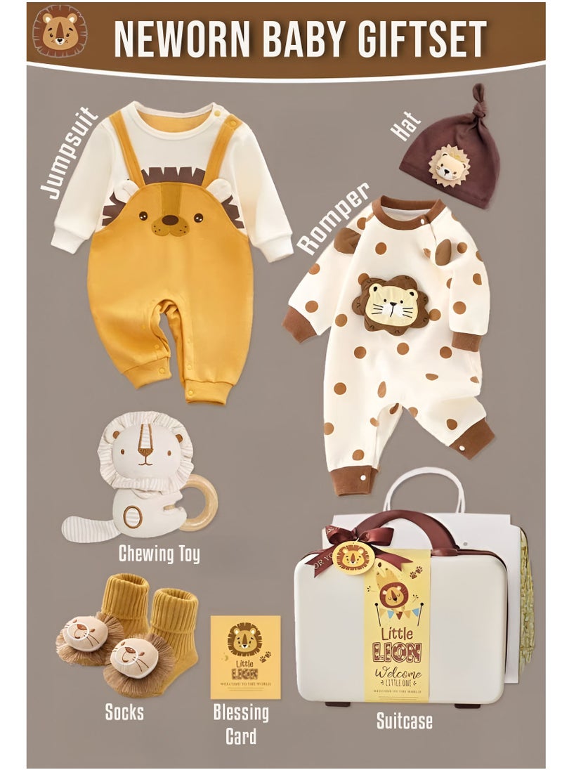 Newborn Baby Lion Themed Baby Gift Set for Boys & Girls 0-3 Months with Jumpsuit, Romper, Chewing Toy and Storage Suitcase