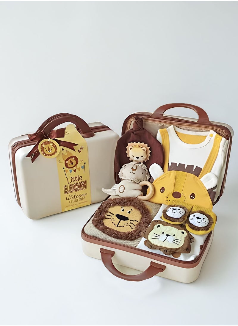 Newborn Baby Lion Themed Baby Gift Set for Boys & Girls 0-3 Months with Jumpsuit, Romper, Chewing Toy and Storage Suitcase