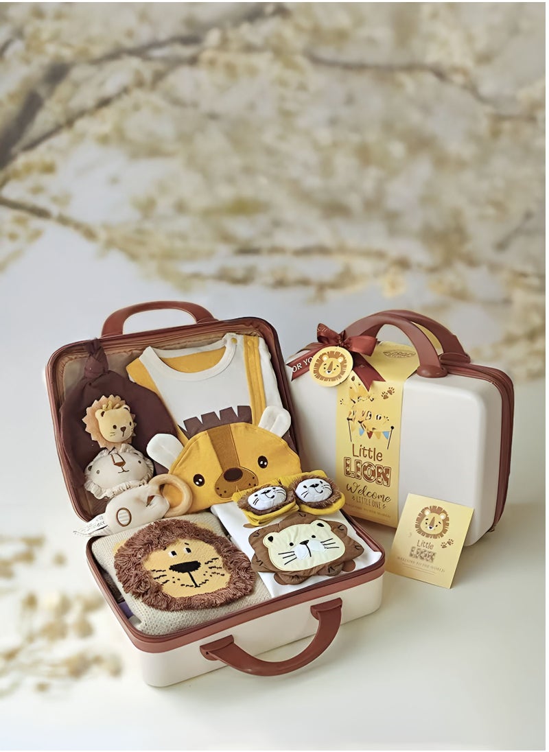 Newborn Baby Lion Themed Baby Gift Set for Boys & Girls 0-3 Months with Jumpsuit, Romper, Chewing Toy and Storage Suitcase