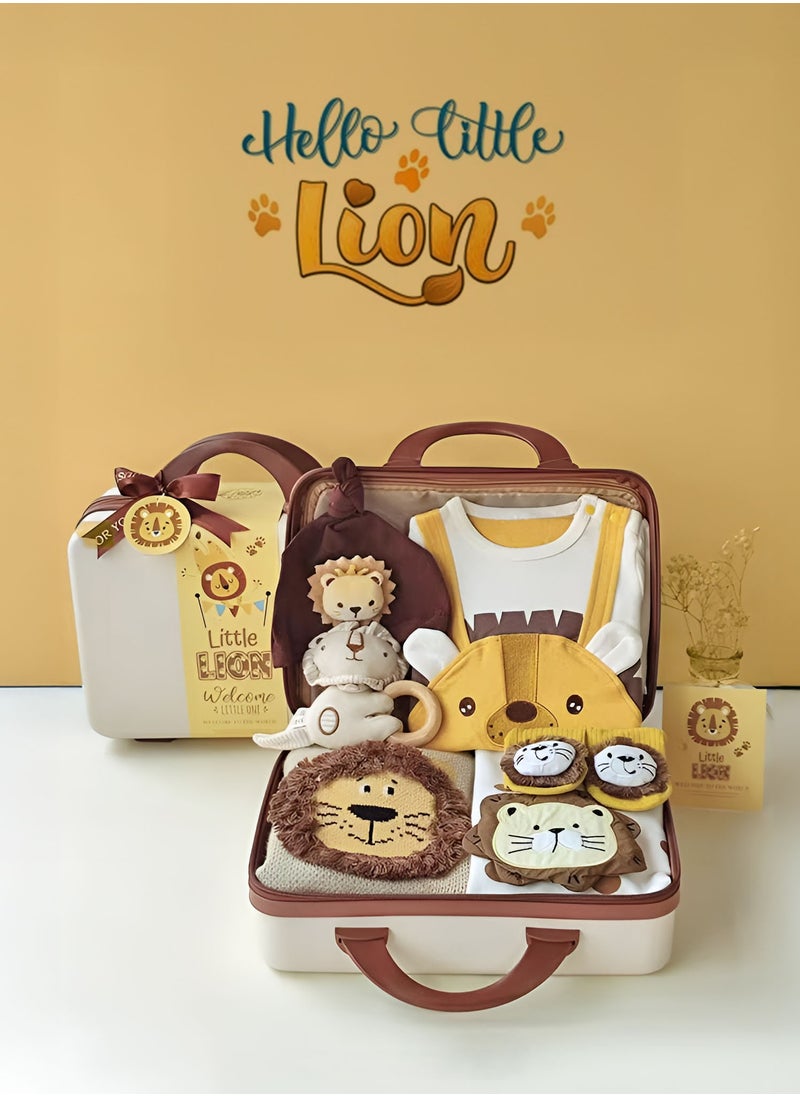 Newborn Baby Lion Themed Baby Gift Set for Boys & Girls 0-3 Months with Jumpsuit, Romper, Chewing Toy and Storage Suitcase