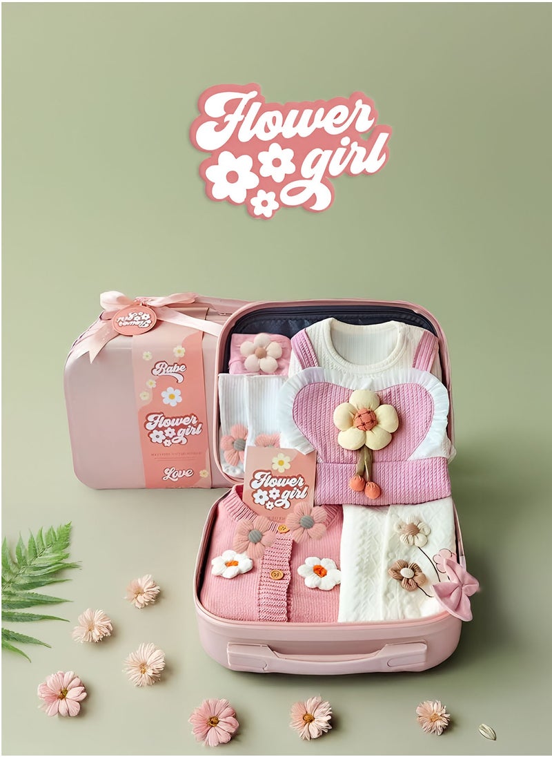 Newborn Baby Flower Themed Newborn Baby Gift Set for Girls 0 to 3 Months with Jumpsuit, Romper, Headband, Photo Frame and Storage Suitcase