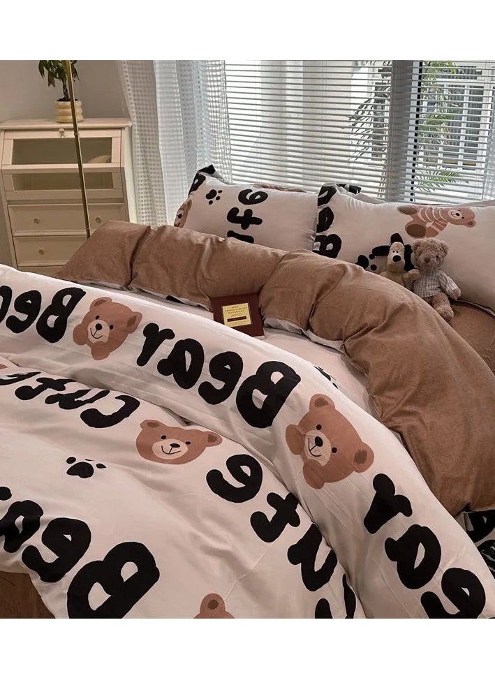 Cartoon ins style super cute soft bamboo panda washed cotton sheet quilt cover four-piece set student bed three-piece set,Fun bear ljf, kindergarten three-piece set (vet cover 150x110)