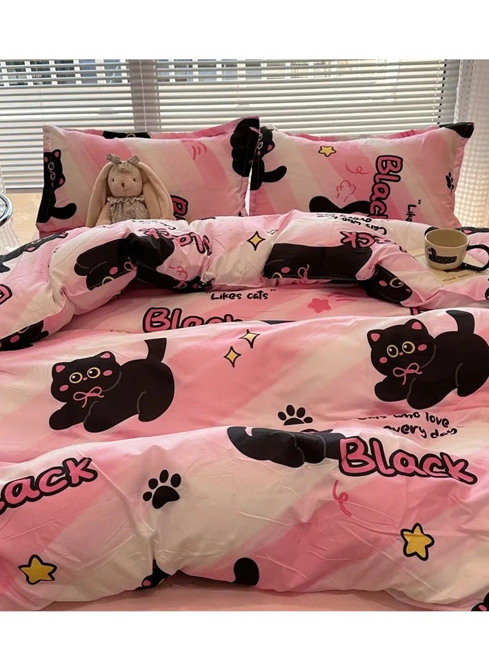 Cartoon ins style super cute soft bamboo panda washed cotton sheet quilt cover four-piece set student bed three-piece set,Little Black Cat (hot-selling model), 2.0 four-piece set (quilt cover 200x230)