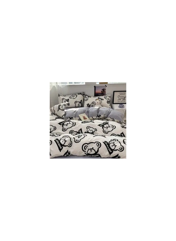 Cartoon ins style super cute soft bamboo panda washed cotton sheet quilt cover four-piece set student bed three-piece set,Teddy bear (hot sale), 1.2 three-piece set (duvet cover 150x200)