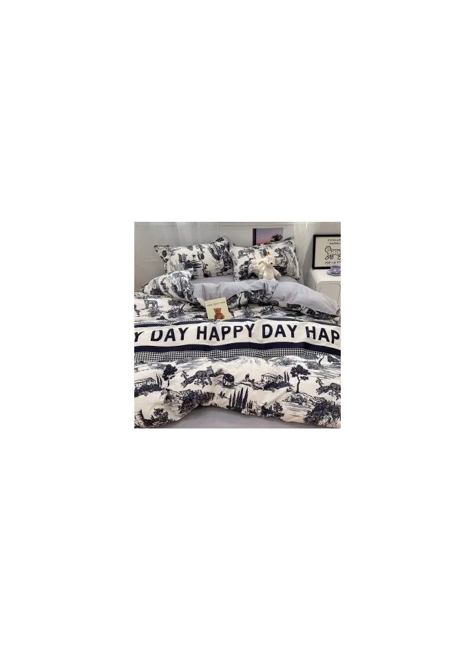 Cartoon ins style super cute soft bamboo panda washed cotton sheet quilt cover four-piece set student bed three-piece set,Ink (hot-selling model), 1.5 four-piece set (quilt cover 150x200)