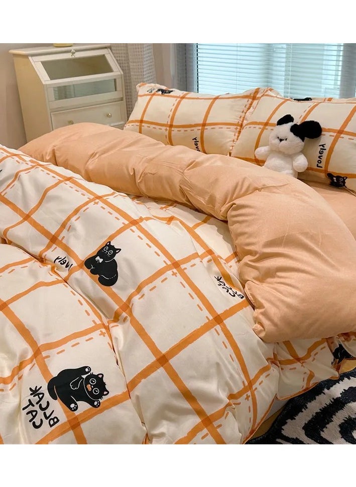 Cartoon ins style super cute soft bamboo panda washed cotton sheet quilt cover four-piece set student bed three-piece set,Little Orange Cat K, 1.5 four-piece set (vet cover 150x200)