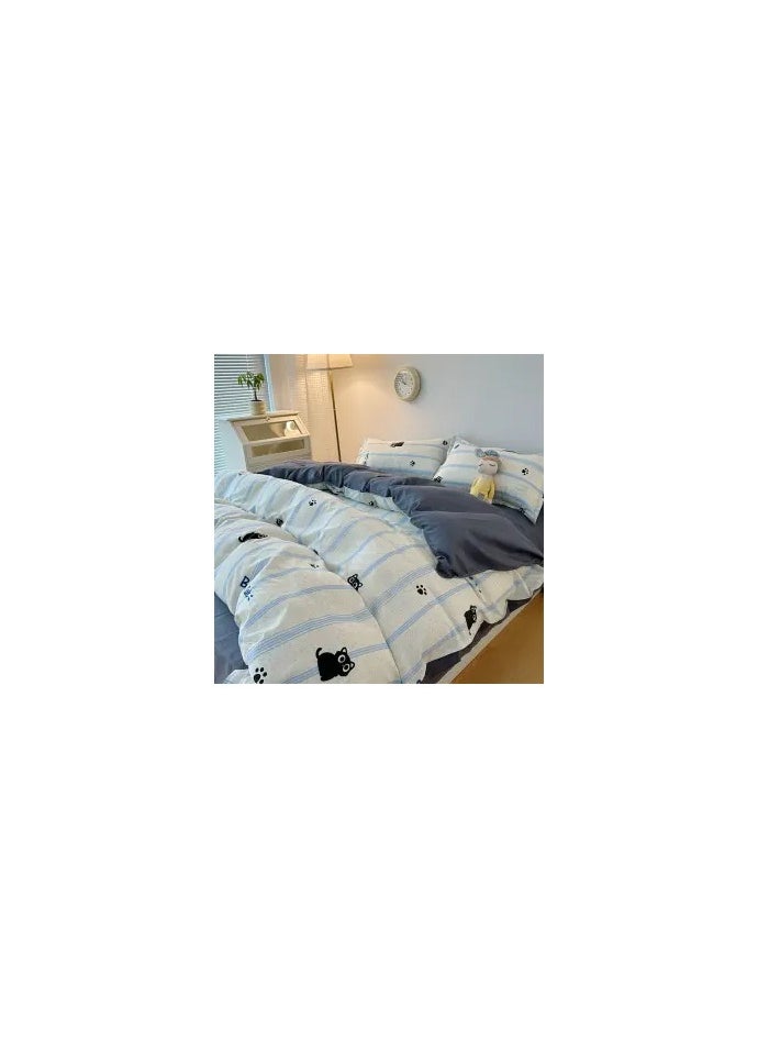 Cartoon ins style super cute soft bamboo panda washed cotton sheet quilt cover four-piece set student bed three-piece set,Striped cat K, 2.2 four-piece set ( duvet cover 220x240)