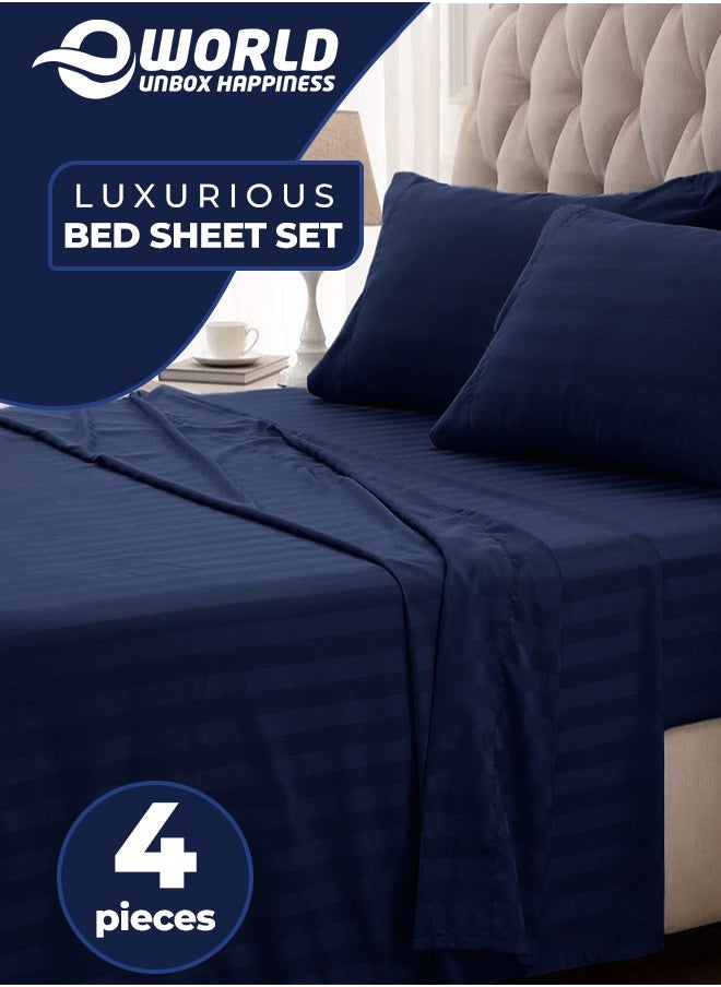 4-Piece Luxury King Size Navy Blue Striped Bedding Set Includes 1 Duvet Cover (220x240cm), 1 Fitted Bed Sheet (200x200+30cm), and 2 Pillow Cases (48x74+5cm) for Ultimate Hotel-Inspired Sophistication