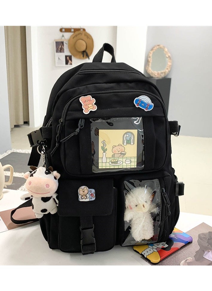 Junior high school student schoolbag ins Korean version new primary school student cute Harajuku backpack fashion Oxford cloth backpack outdoor,Black + bear + calf