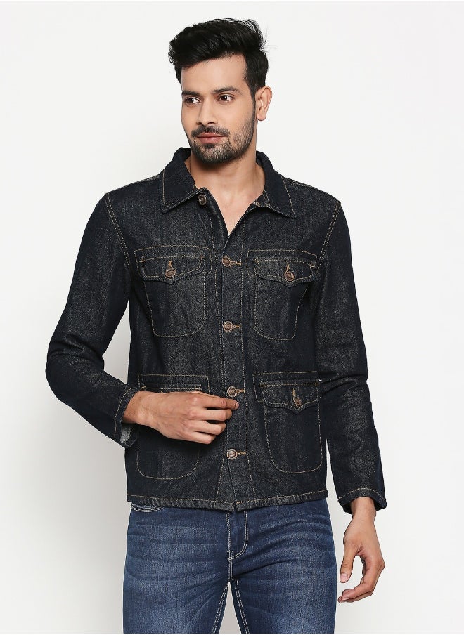 Men Blue Striped Denim Jacket