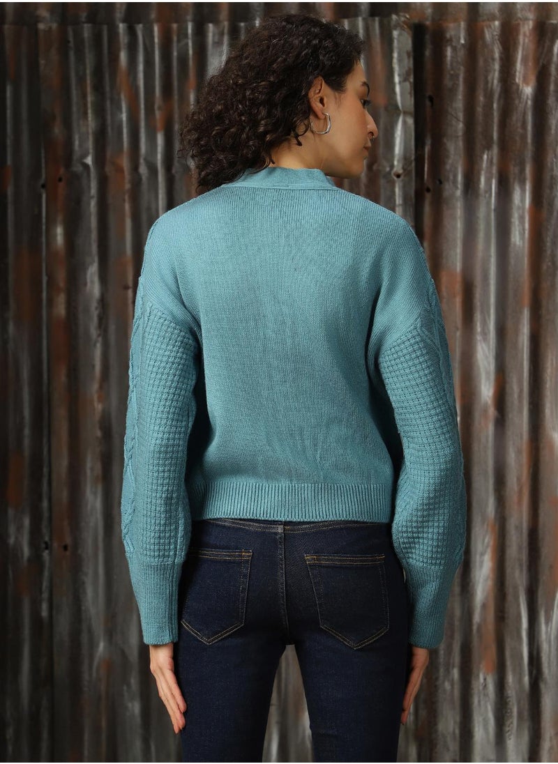 Women's Blue 100% Acrylic Solid Regular Fit Sweater