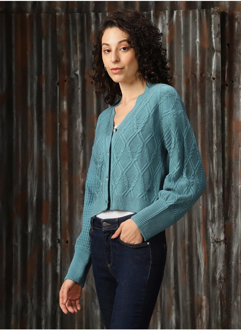 Women's Blue 100% Acrylic Solid Regular Fit Sweater