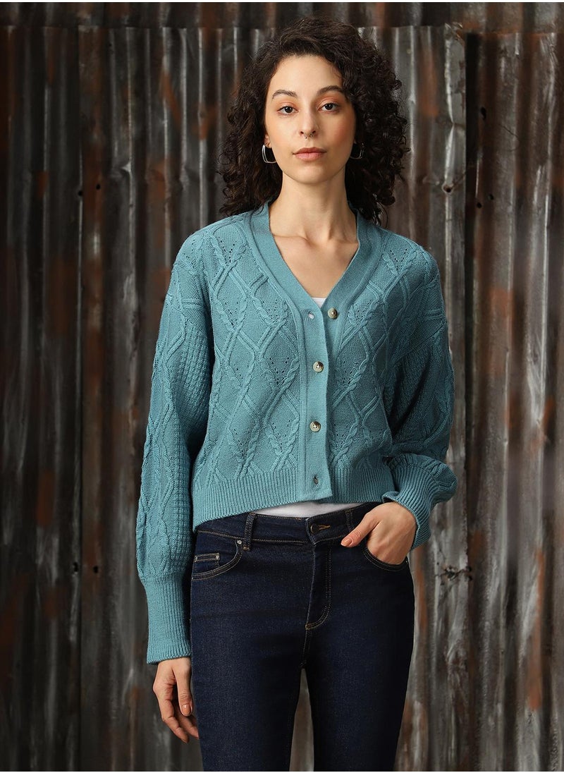 Women's Blue 100% Acrylic Solid Regular Fit Sweater