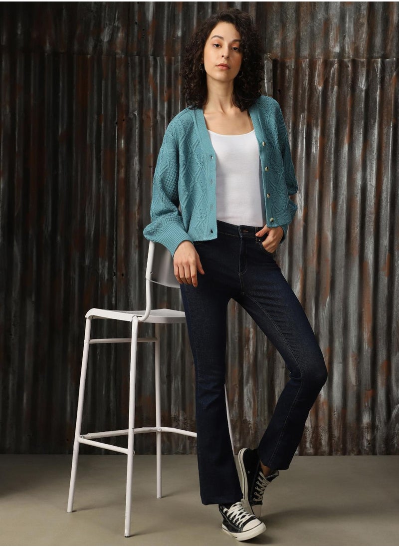 Women's Blue 100% Acrylic Solid Regular Fit Sweater
