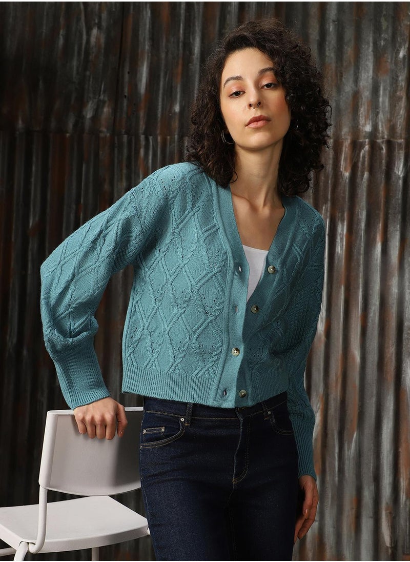 Women's Blue 100% Acrylic Solid Regular Fit Sweater