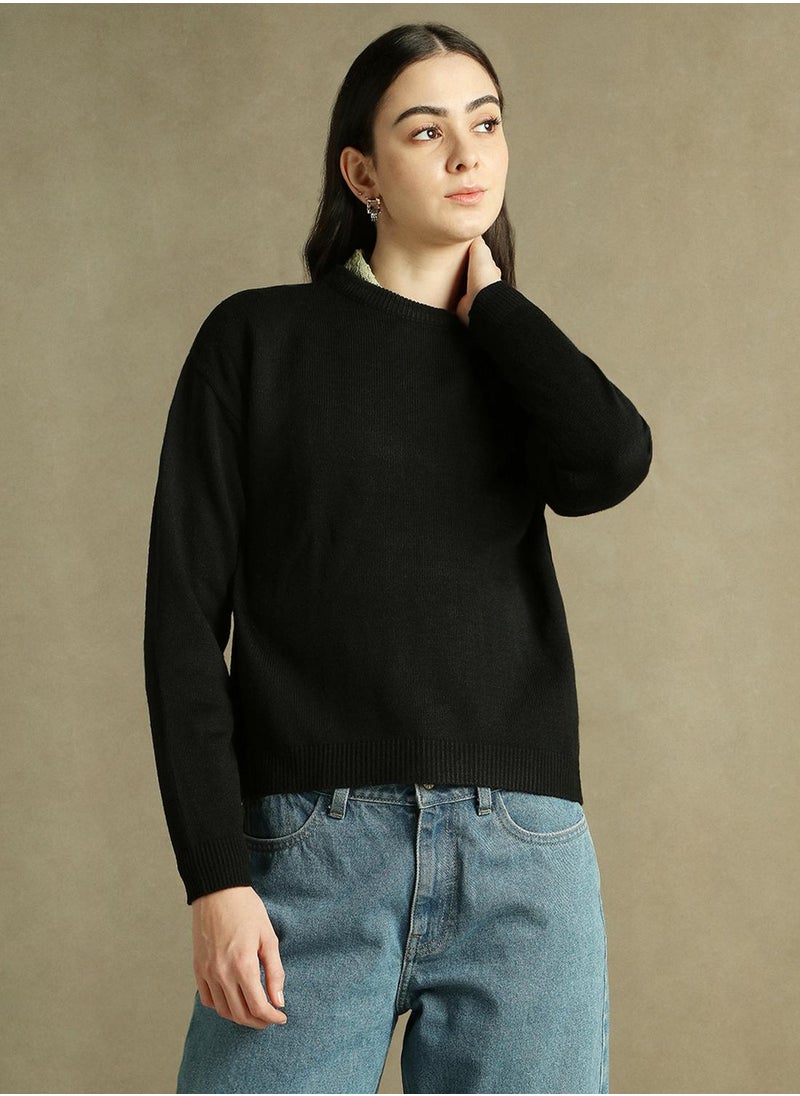 Women's Black 100% Acrylic Solid Regular Fit Sweater