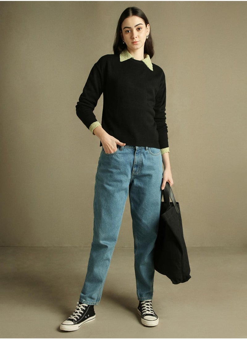 Women's Black 100% Acrylic Solid Regular Fit Sweater