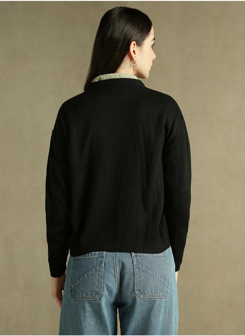 Women's Black 100% Acrylic Solid Regular Fit Sweater