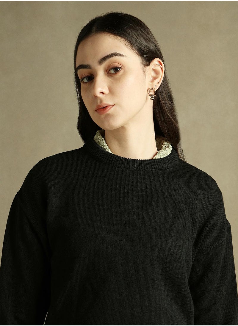 Women's Black 100% Acrylic Solid Regular Fit Sweater