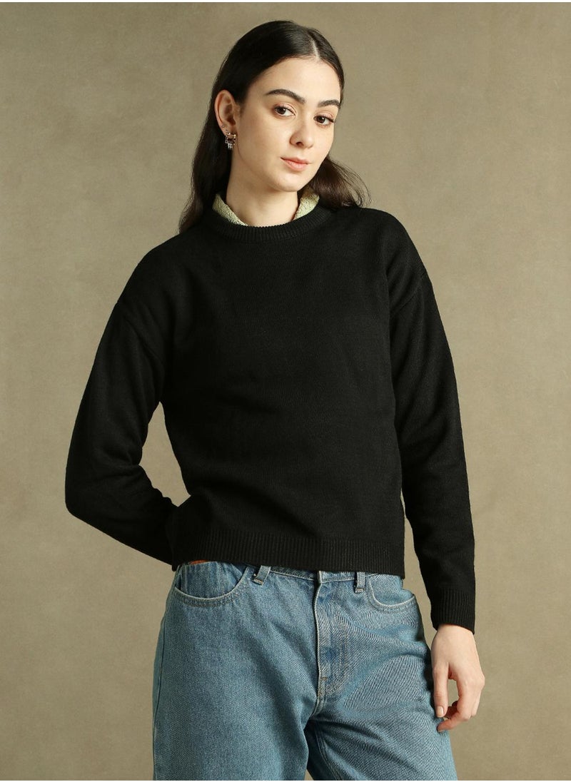 Women's Black 100% Acrylic Solid Regular Fit Sweater