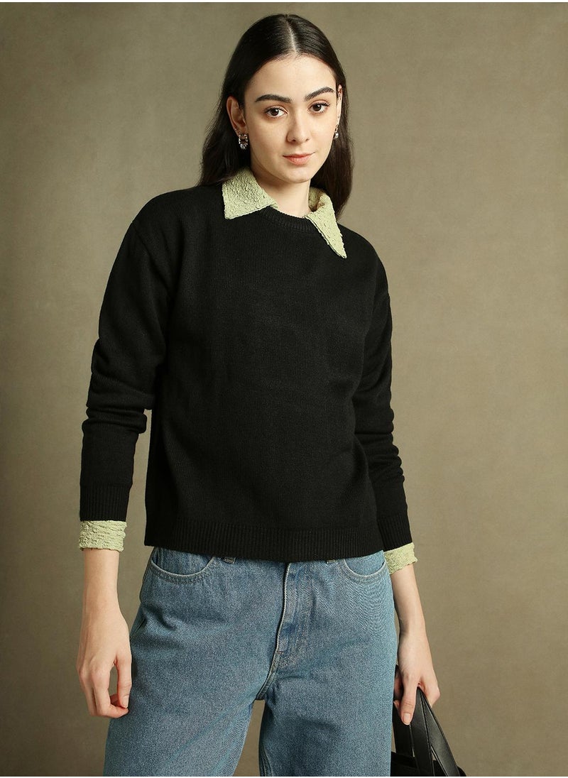 Women's Black 100% Acrylic Solid Regular Fit Sweater