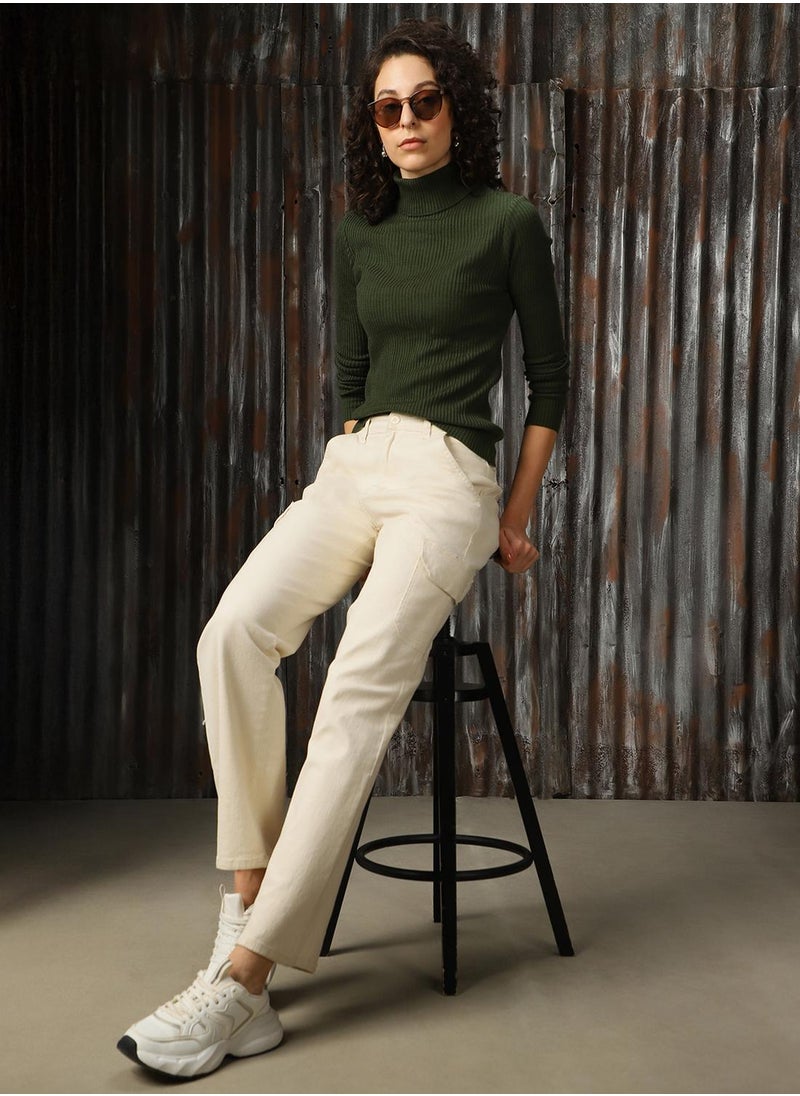 Women's Dark Green 100% Acrylic Solid Regular Fit Sweater