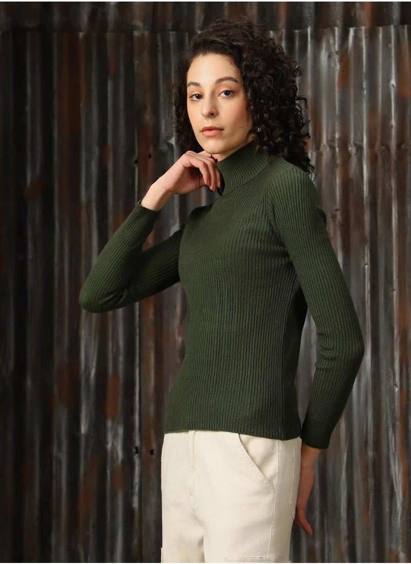 Women's Dark Green 100% Acrylic Solid Regular Fit Sweater