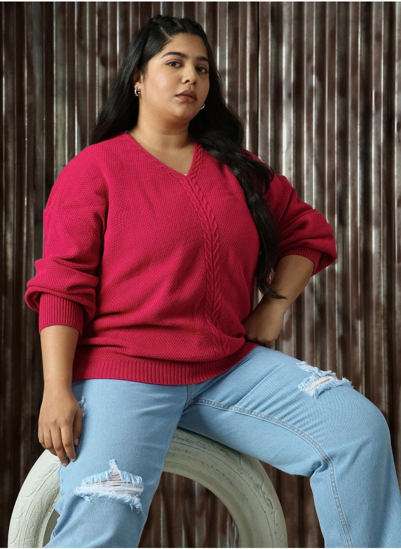 Women's Pink 100% Acrylic Solid Relaxed Fit Sweater