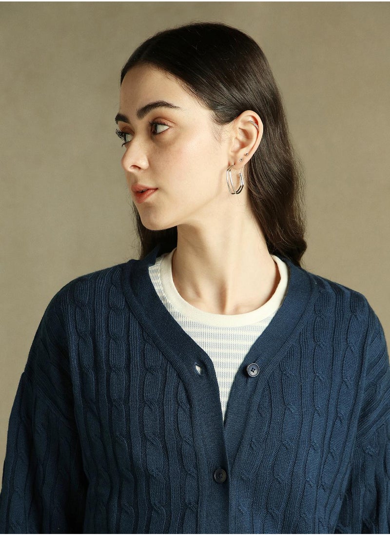 Women's Mid Blue 100% Acrylic Solid Regular Fit Sweater