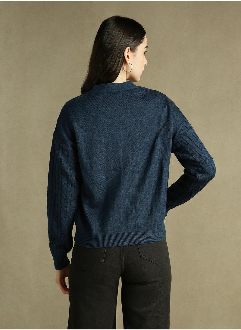 Women's Mid Blue 100% Acrylic Solid Regular Fit Sweater