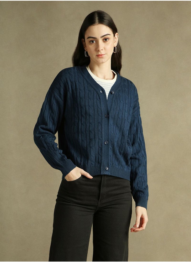Women's Mid Blue 100% Acrylic Solid Regular Fit Sweater