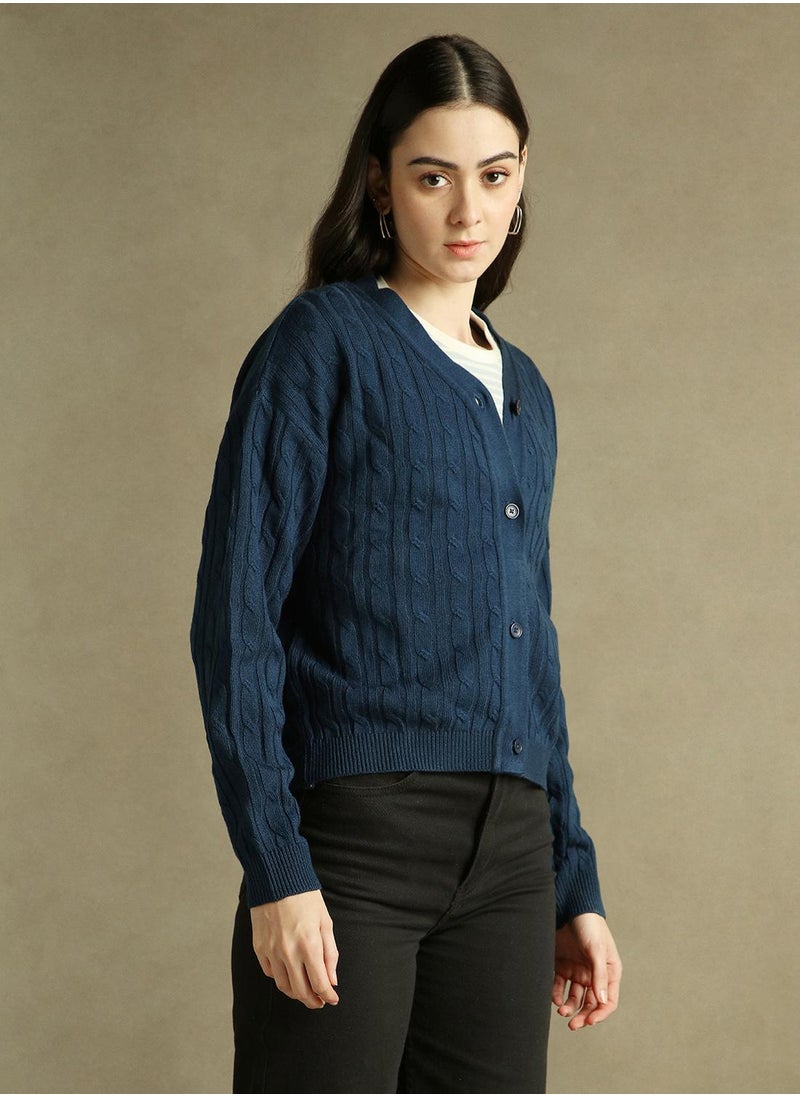 Women's Mid Blue 100% Acrylic Solid Regular Fit Sweater