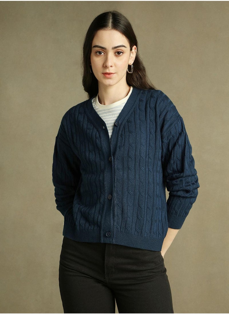 Women's Mid Blue 100% Acrylic Solid Regular Fit Sweater