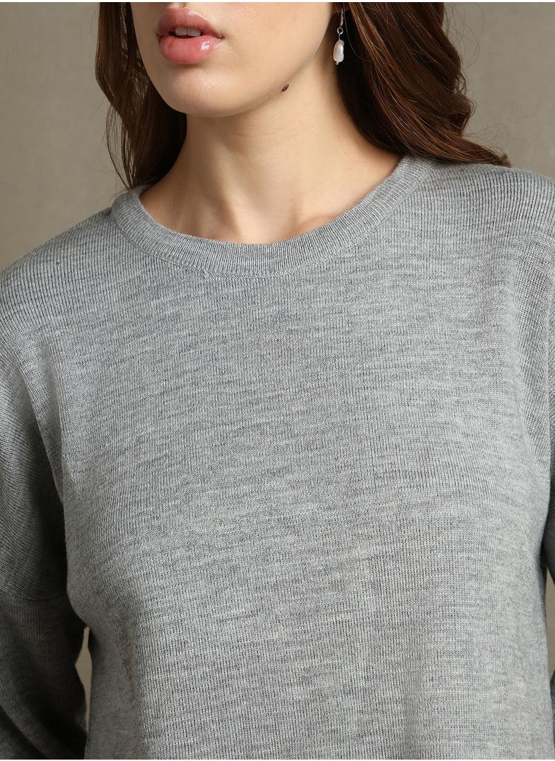 Women's Grey Melange 100% Acrylic Solid Regular Fit Sweater