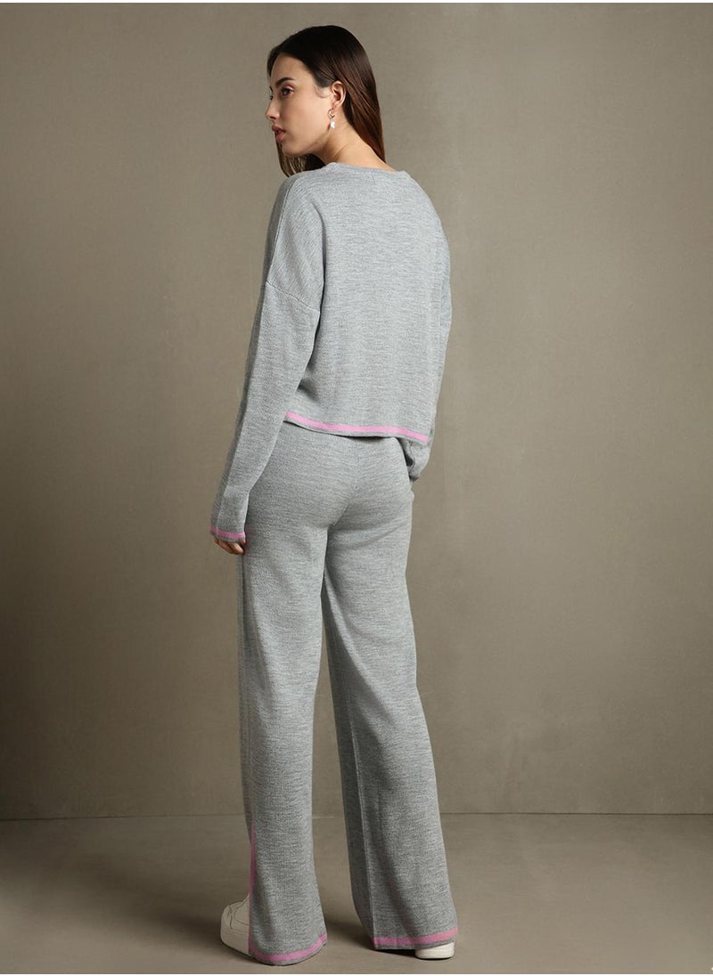 Women's Grey Melange 100% Acrylic Solid Regular Fit Sweater